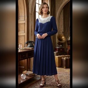 Karin Stevens Vintage  Retro  Goth Lace Collar Navy Blue  Midi /Maxi Dress